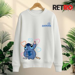 OHANA Doodle Stitch – White Oversized Sweatshirt