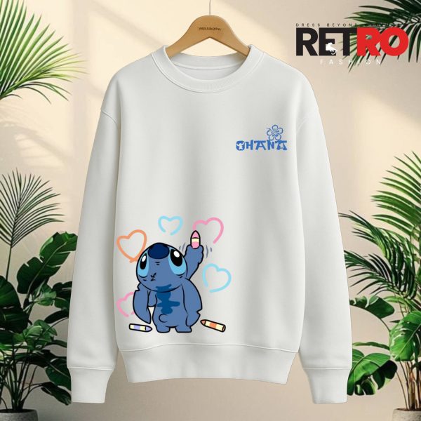 OHANA Doodle Stitch – White Oversized Sweatshirt
